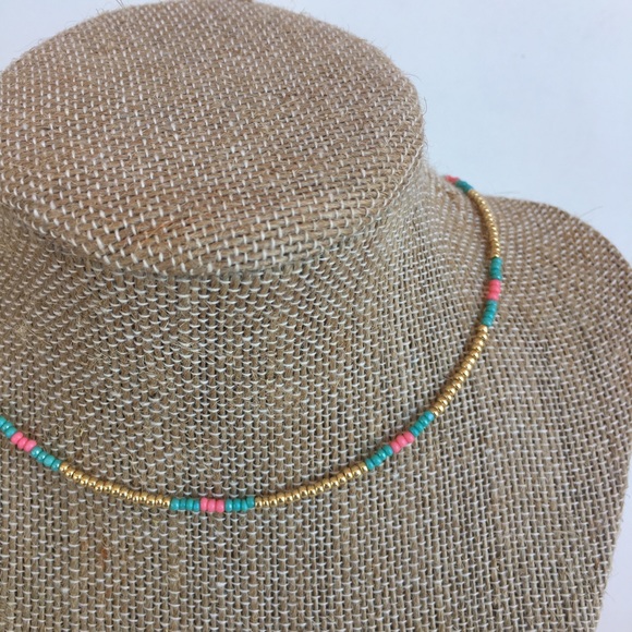 ValerieWarlickDesign Jewelry - Gold/Turquoise/Salmon Boho Beach Seed Bead Choker
